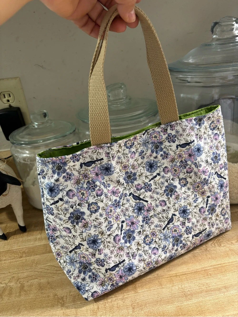 Floral Bird Print Tote Bag in White and Blue - Brand